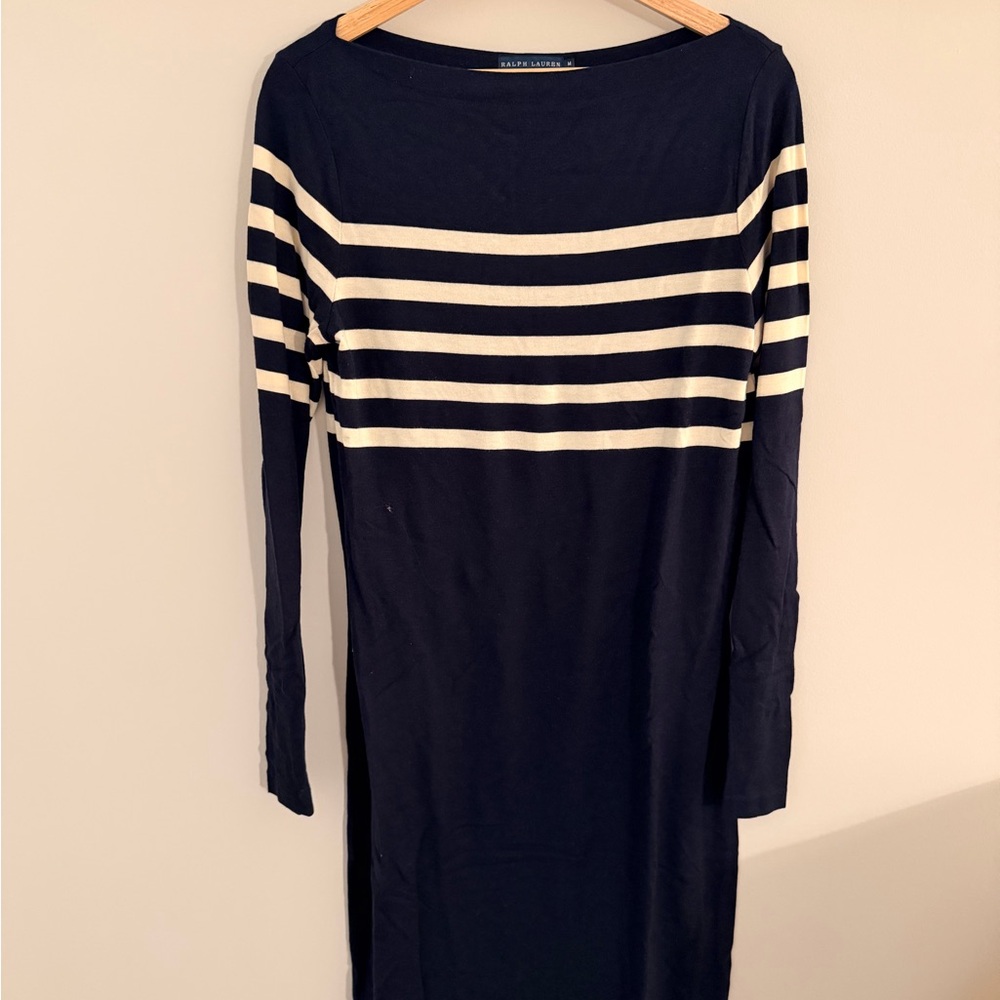 Ralph Lauren Navy and Cream Striped Long Sleeve Dress